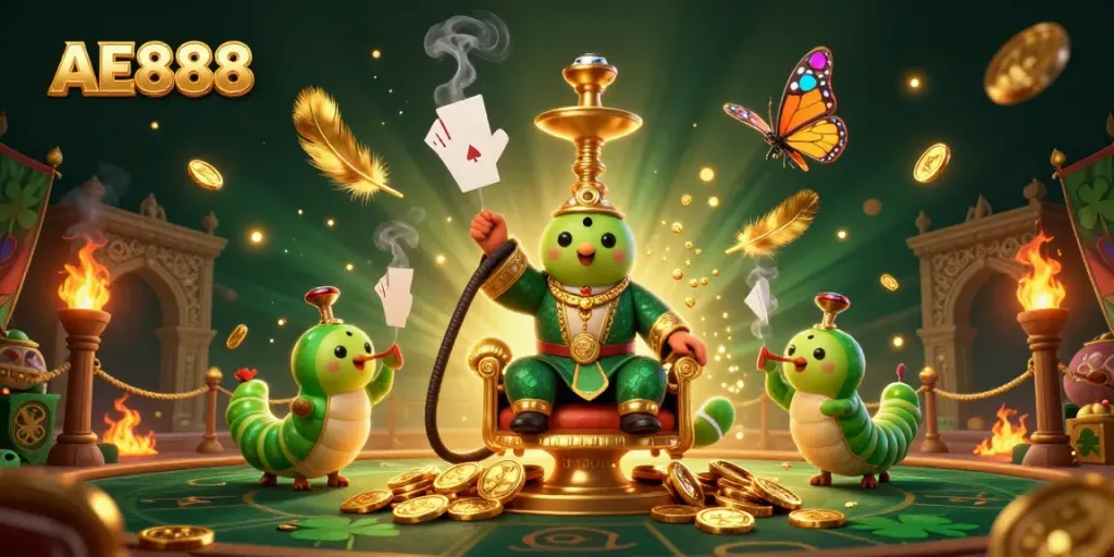 Experience thrilling gameplay at AE888 with a vibrant casino illustration featuring unique characters and dynamic elements.