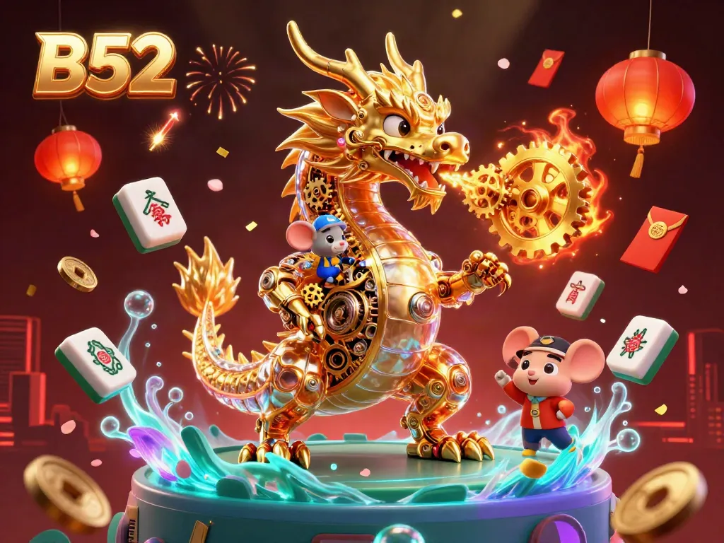 B52 dragon breathing gears in a vibrant casino-themed 3D illustration with golden details.