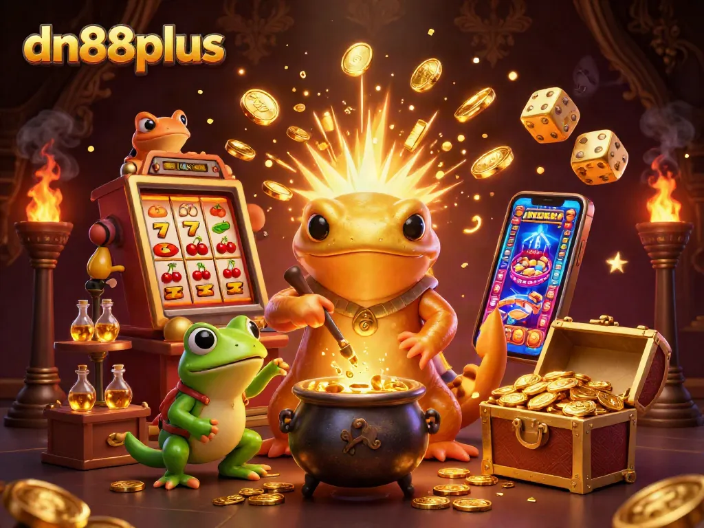 Spin jackpots with dn88plus as a golden salamander and frog alchemist create gold coins in a vibrant casino scene.