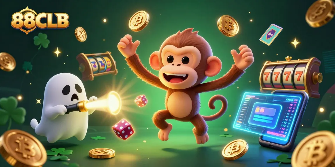 Experience thrilling gameplay with 88CLB as a poltergeist monkey juggles casino treasures.