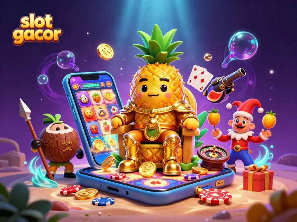 Immerse in thrilling gameplay with slot gacor as golden coins burst from a 3D smartphone and characters interact in a vibrant casino scene.