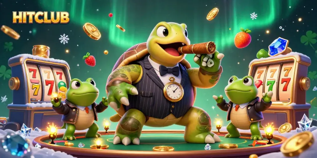 Experience the vibrant HITCLUB casino with playful characters and dynamic slot elements.