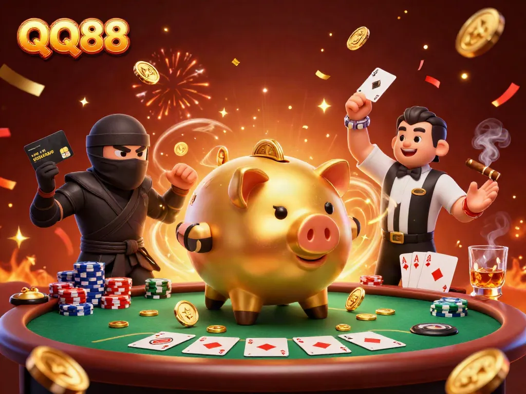 Experience excitement at QQ88 with a dynamic scene featuring a golden piggy bank sumo wrestler and unique casino elements.