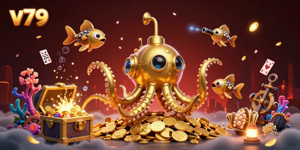 Experience thrilling gameplay at V79, featuring a golden kraken submarine amidst treasure and vibrant casino elements.