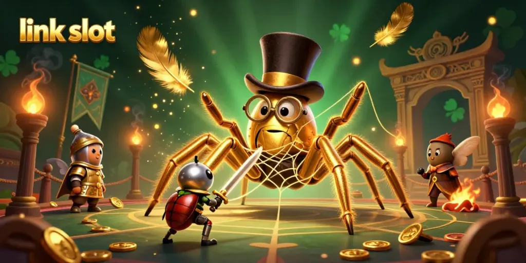 Experience the thrills of link slot gaming in this imaginative 3D casino scene featuring a golden tarantula and beetle knight.