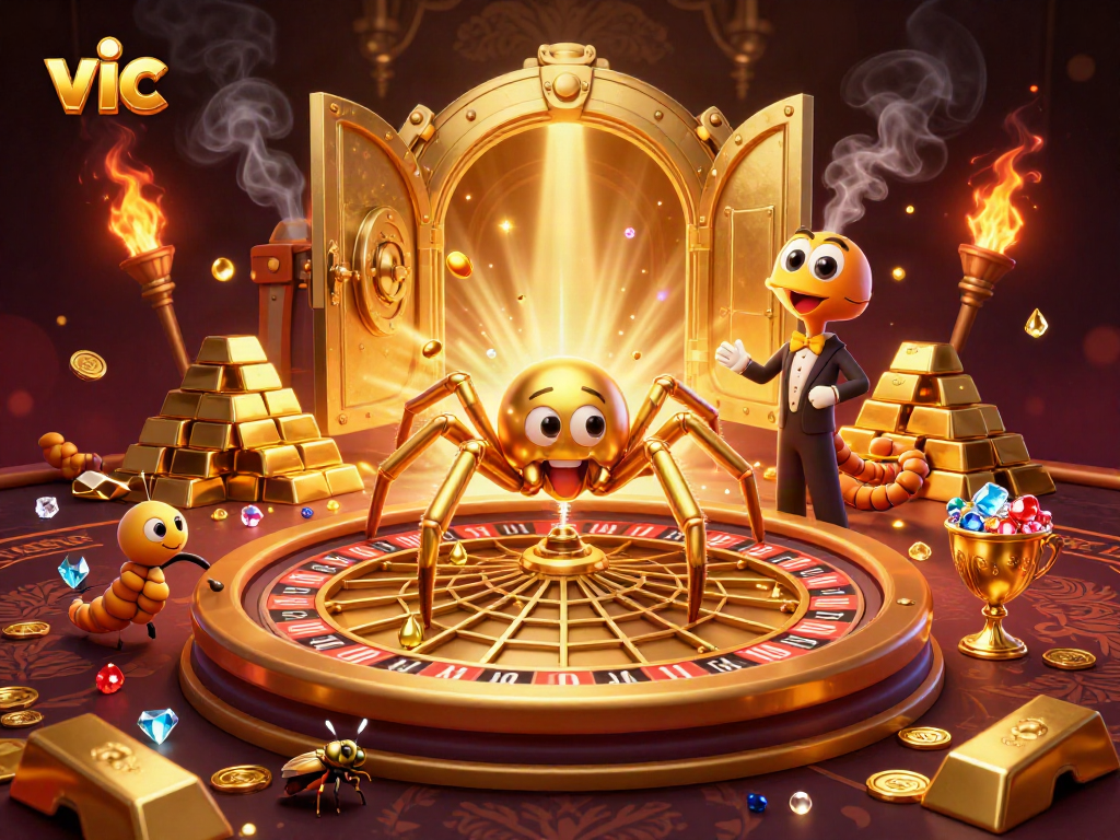 Experience gaming excitement with vic as a golden spider spins a roulette wheel web
