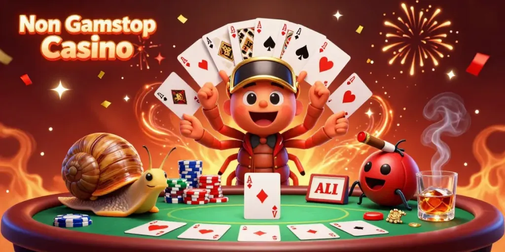 Engaging 3D scene of a Non Gamstop Casino with animated millipede dealer, colorful poker chips, and festive atmosphere.