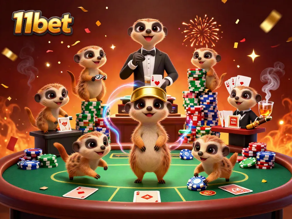 Enjoy a vibrant scene of meerkats managing a casino at 11bet with poker elements and festive decorations.