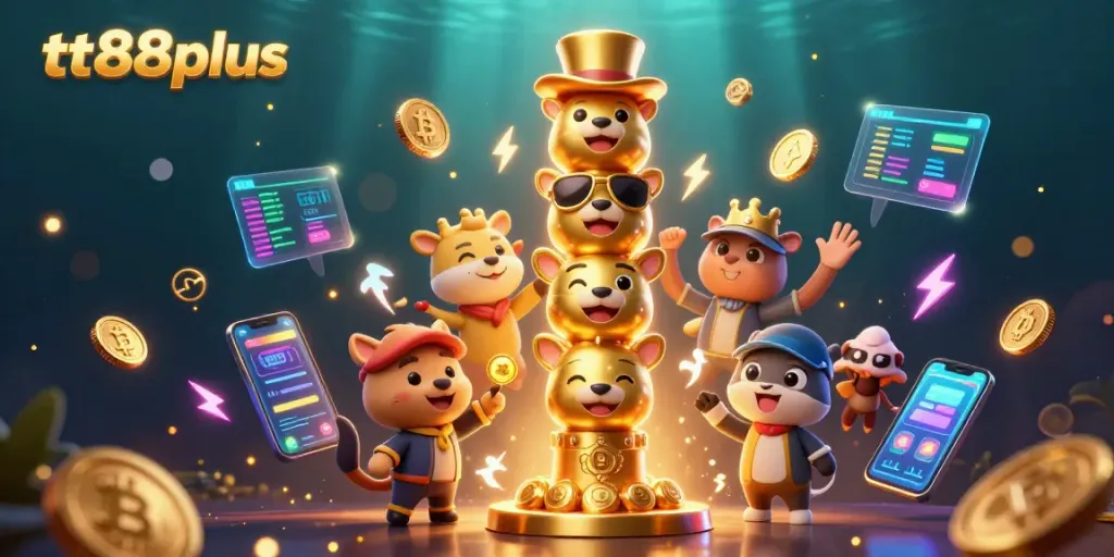 Experience the thrill of tt88plus with vibrant casino elements and exciting gaming accessories in a dynamic 3D illustration.