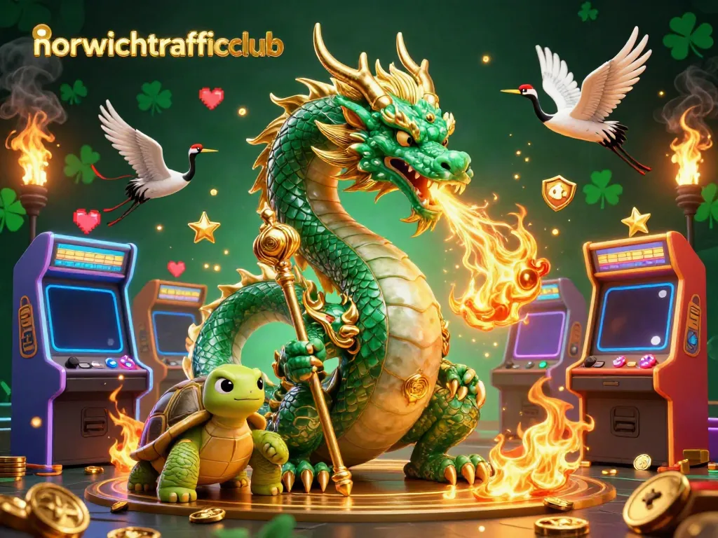 Engage in thrilling gameplay with norwichtrafficclub featuring a dragon, turtle sage, and lucky cranes in a vibrant casino scene.